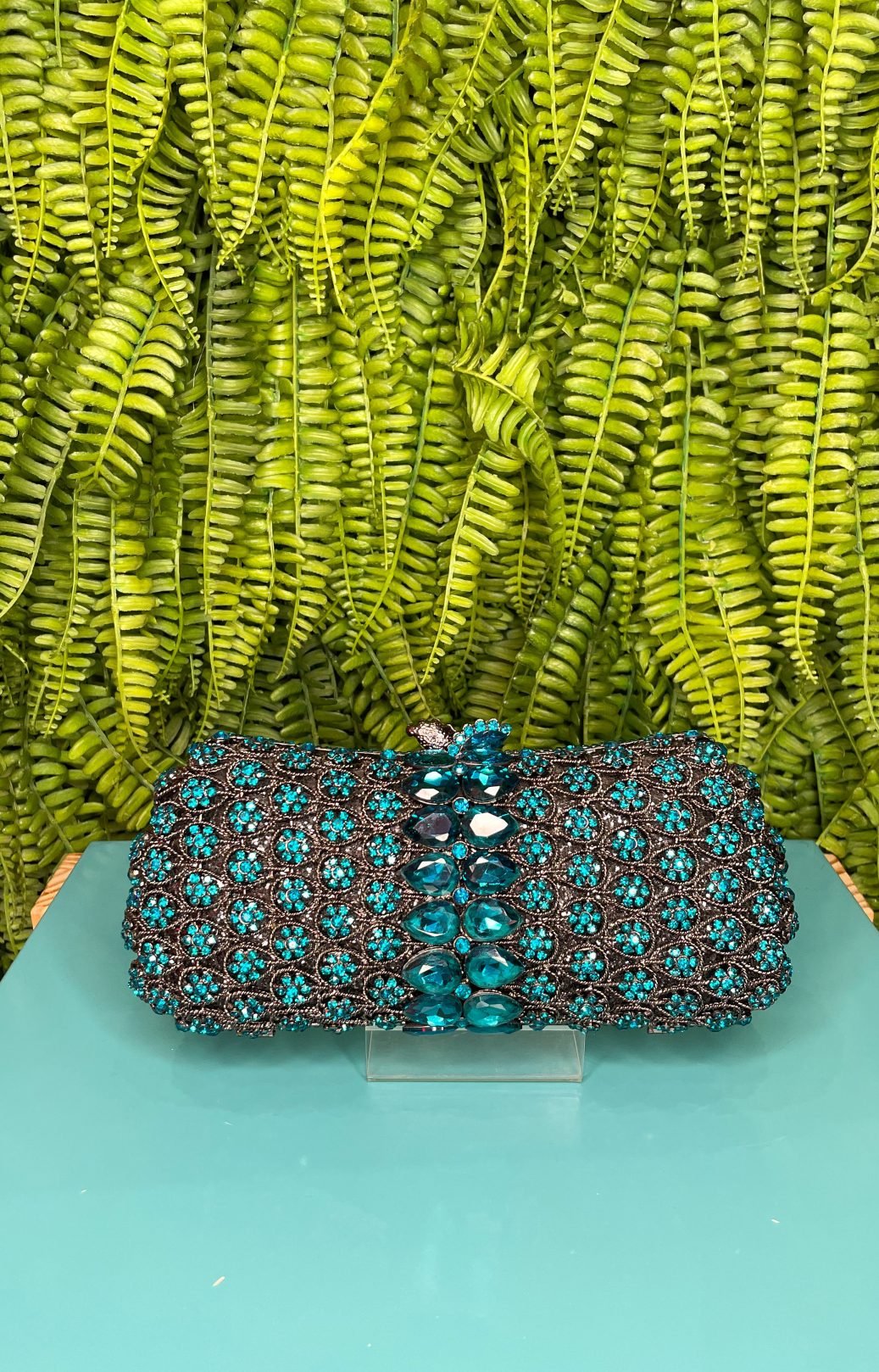 BOLSA RODIO NEGRO PEDRAS AZUL MINI FLOR