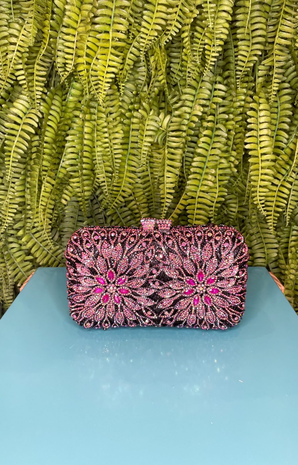 CLUTCH SWAROVSKI RETANGULAR FÚCSIA E PRETO